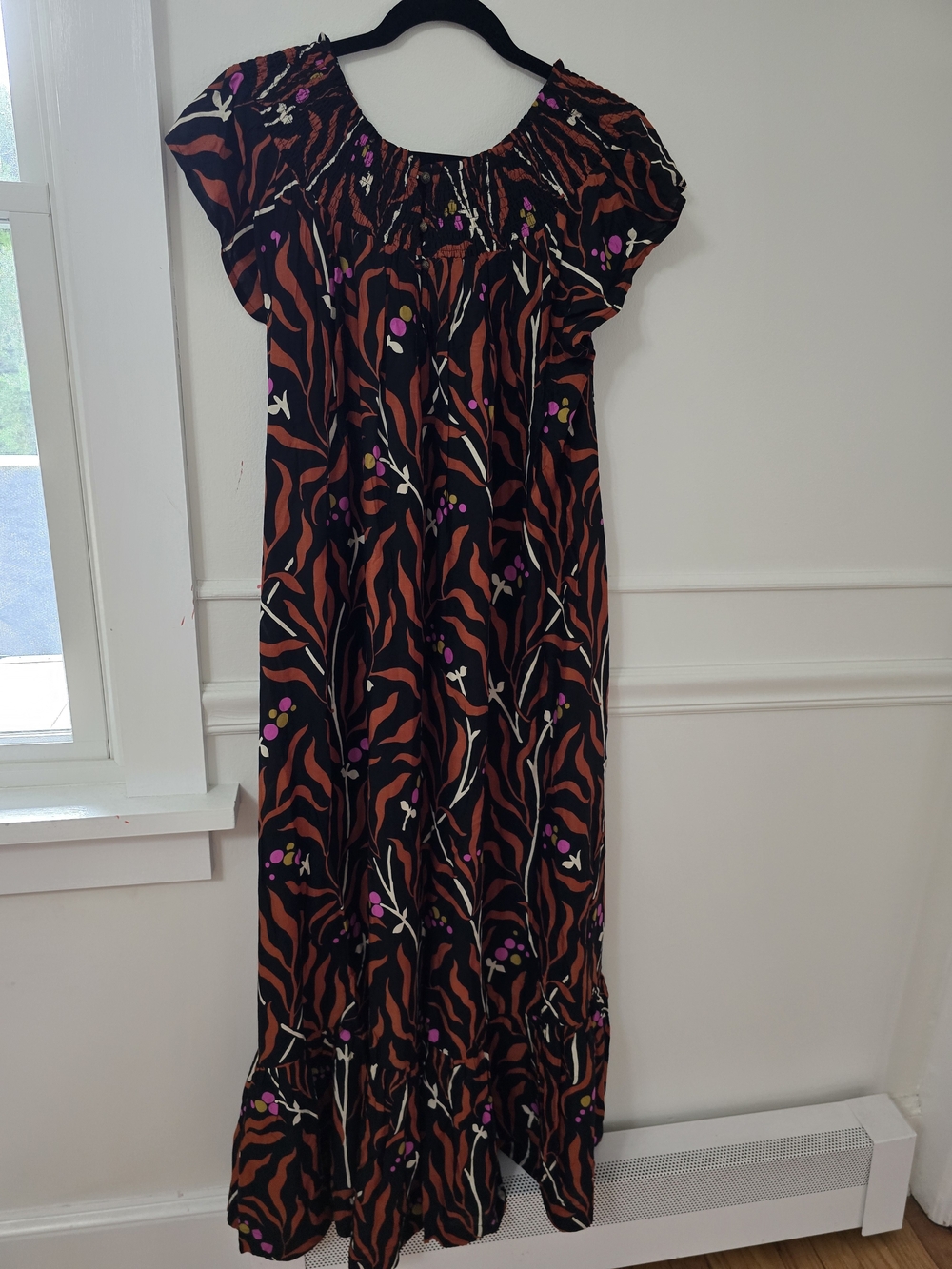 NWT Anthropologie Black Maxi Dress with Rust, Purple & Cream Floral Print